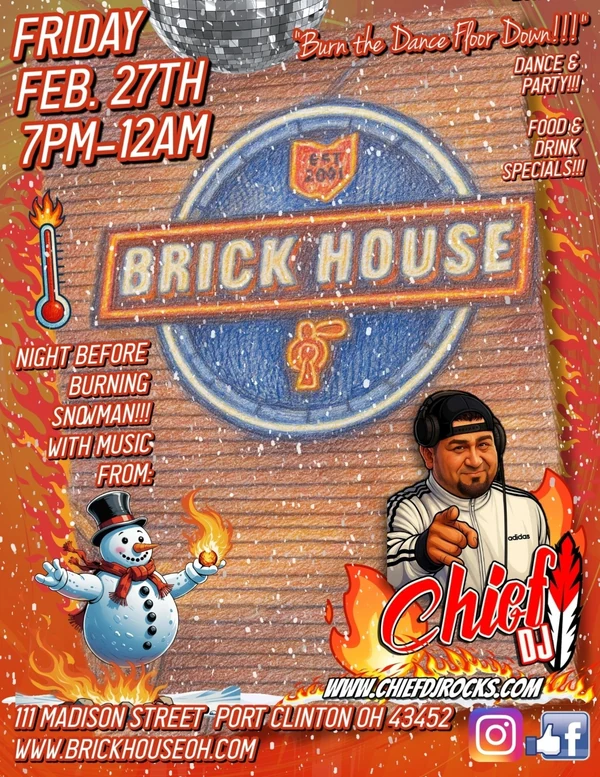 Brick House dance party — Port Clinton, February 27 — complete event flyer