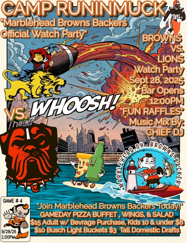 Browns vs. Lions watch party — Camp Runinmuck, September 28, 2025 — complete event flyer