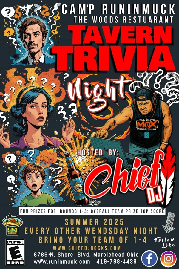 Complete Tavern Trivia Night flyer for Camp Runinmuck, hosted by CHIEF DJ